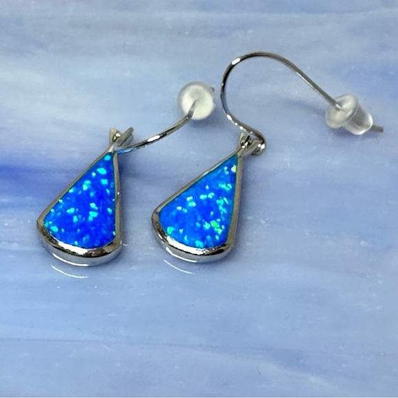 Sterling Silver Blue Opal Inlay Teardrop Dangle Earrings Blue Teardrop 4366 B - Picture 4 of 7